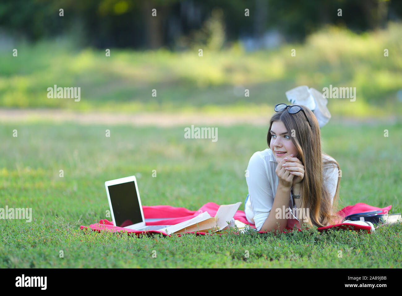young girl lying on the grass in the park and works at a laptop Stock ...
