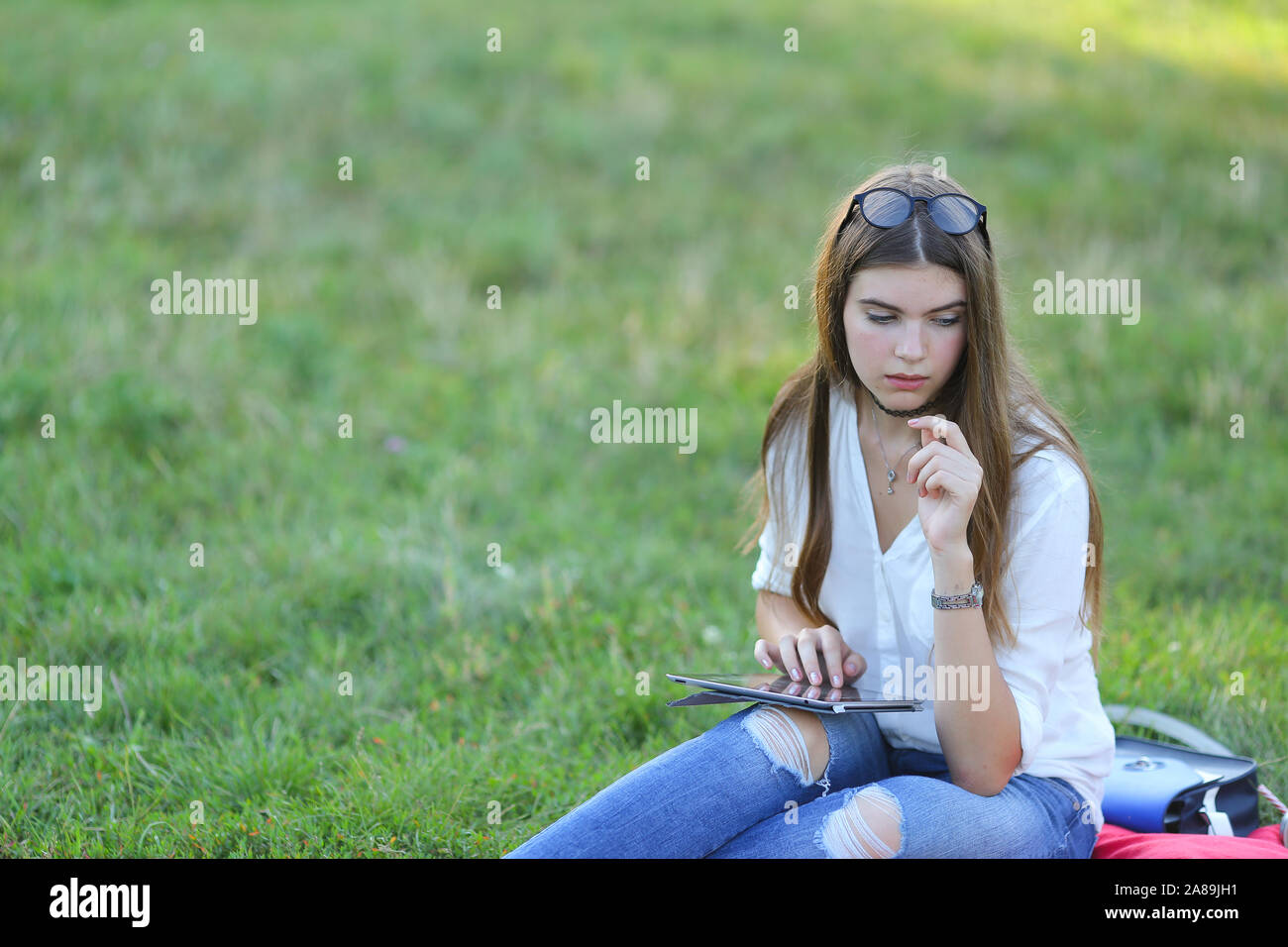 young girl sitting on the grass in the park and works at a laptop and ...