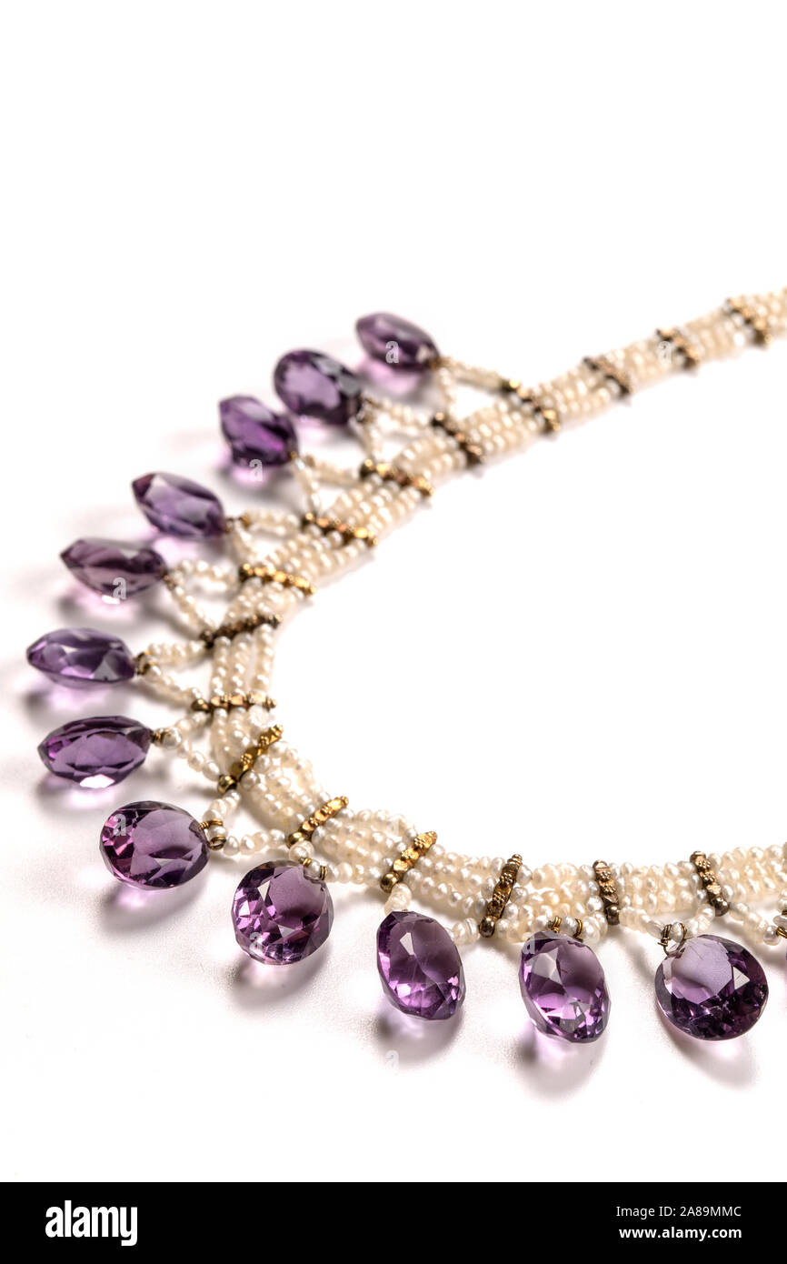 Victorian amethyst and pearl necklace or choker. Stock Photo