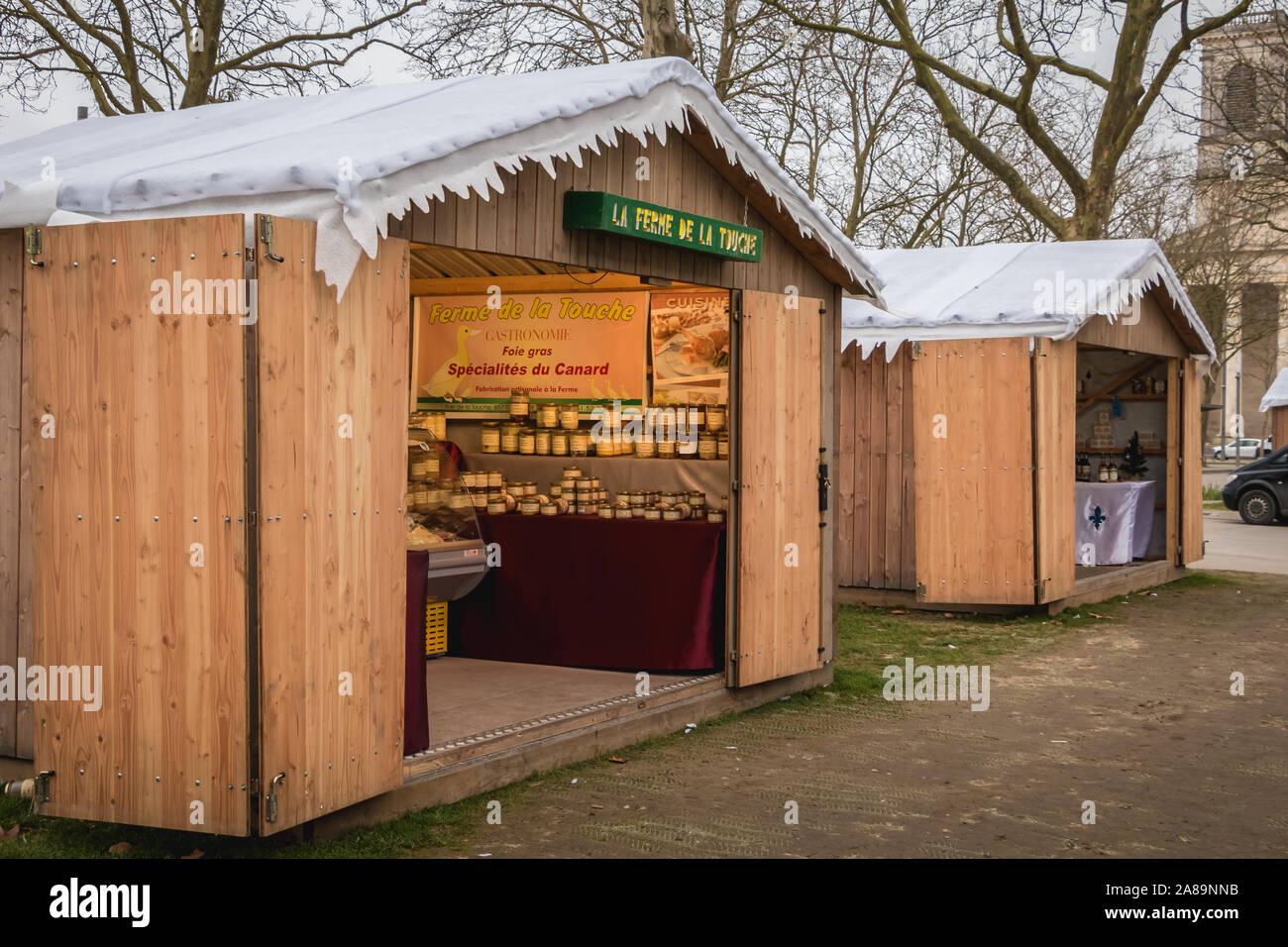 La Roche sur Yon, France - December 19, 2016: view of a small Christmas walkway cottage in the city center on a winter day Stock Photo