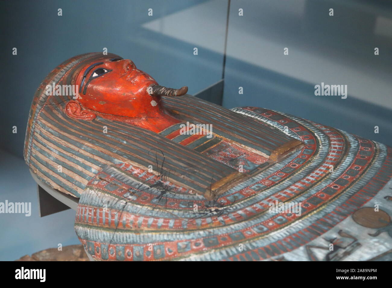 Painted wooden coffin of an Egyptian mummy at the British Museum, London, UK Stock Photo