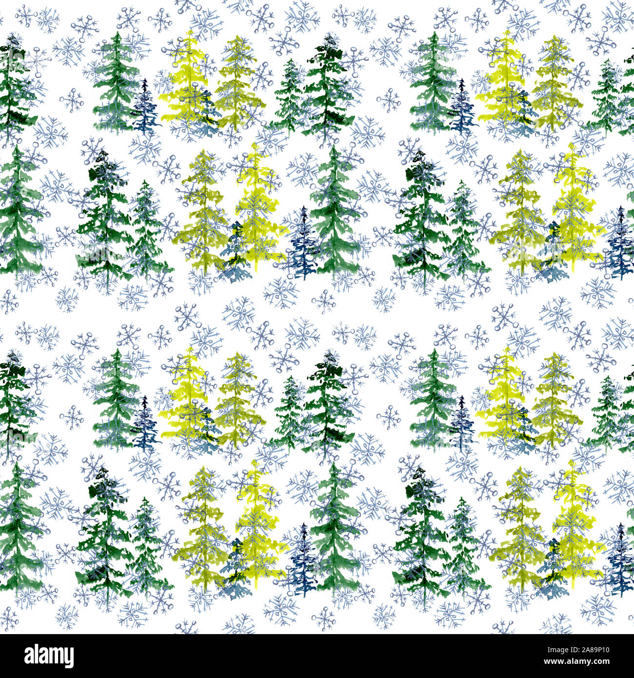 Seamless pattern with watercolor conifer trees and blue snowflakes. To design and decor backgrounds, banners, flyers. Stock Photo