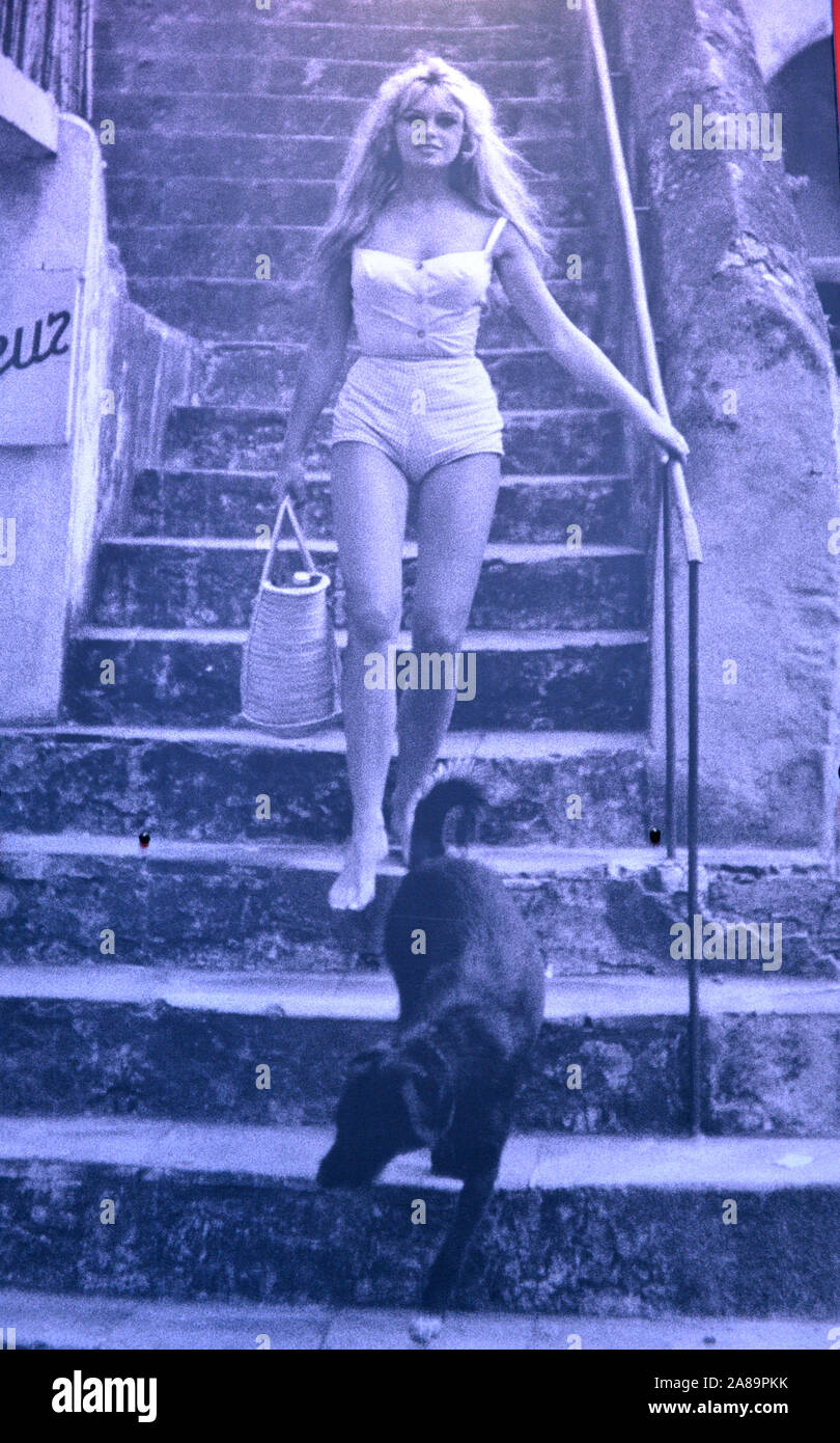 Poster of the french star Brigitte Bardot descending steps to St Tropez Stock Photo