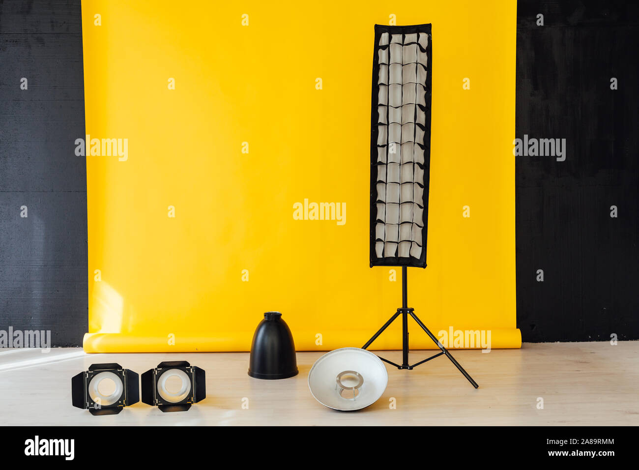 Flash photo studio accessories photographer equipment interior Stock