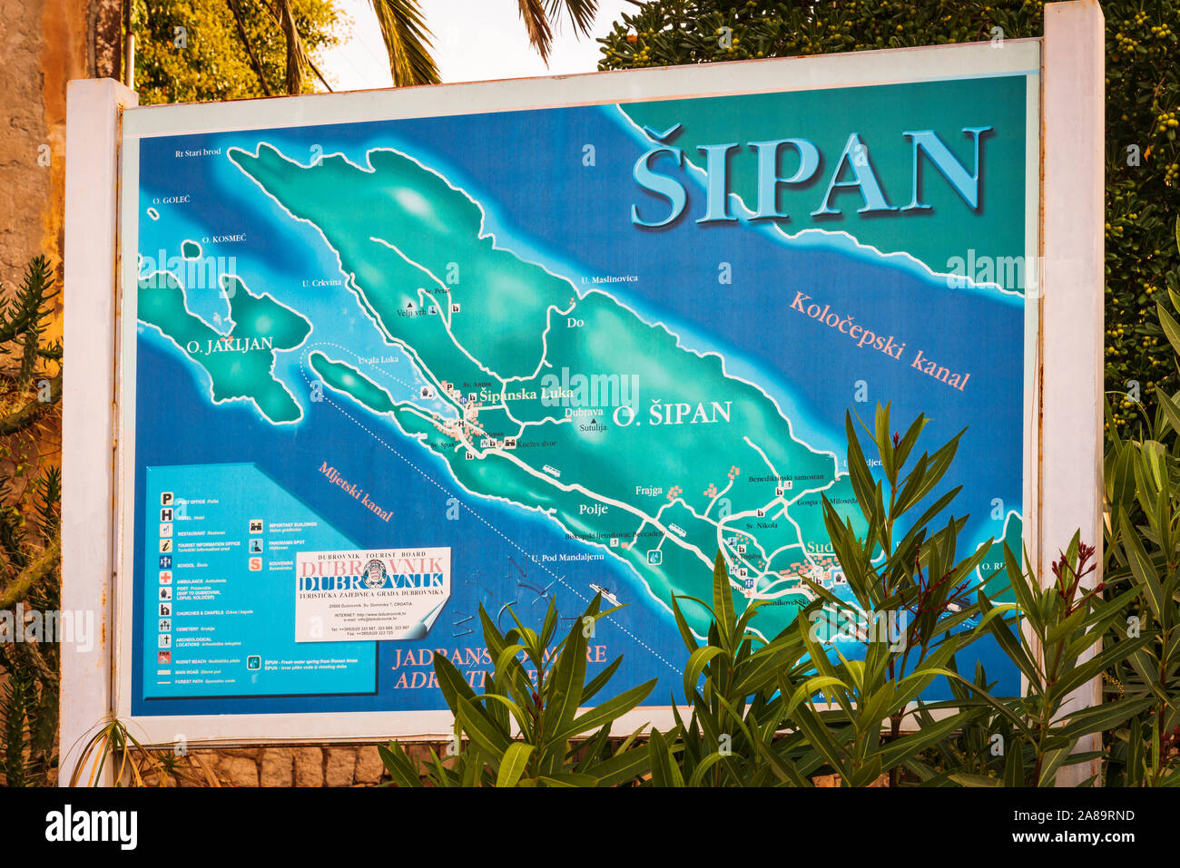 Welcome sign and map at Sipanska Luka, Sipan Island, Dalmatian Coast, Croatia Stock Photo