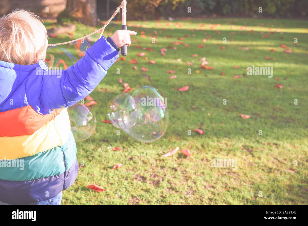 Child playing outside in a garden during day time with bubbles he is happy and running Stock Photo