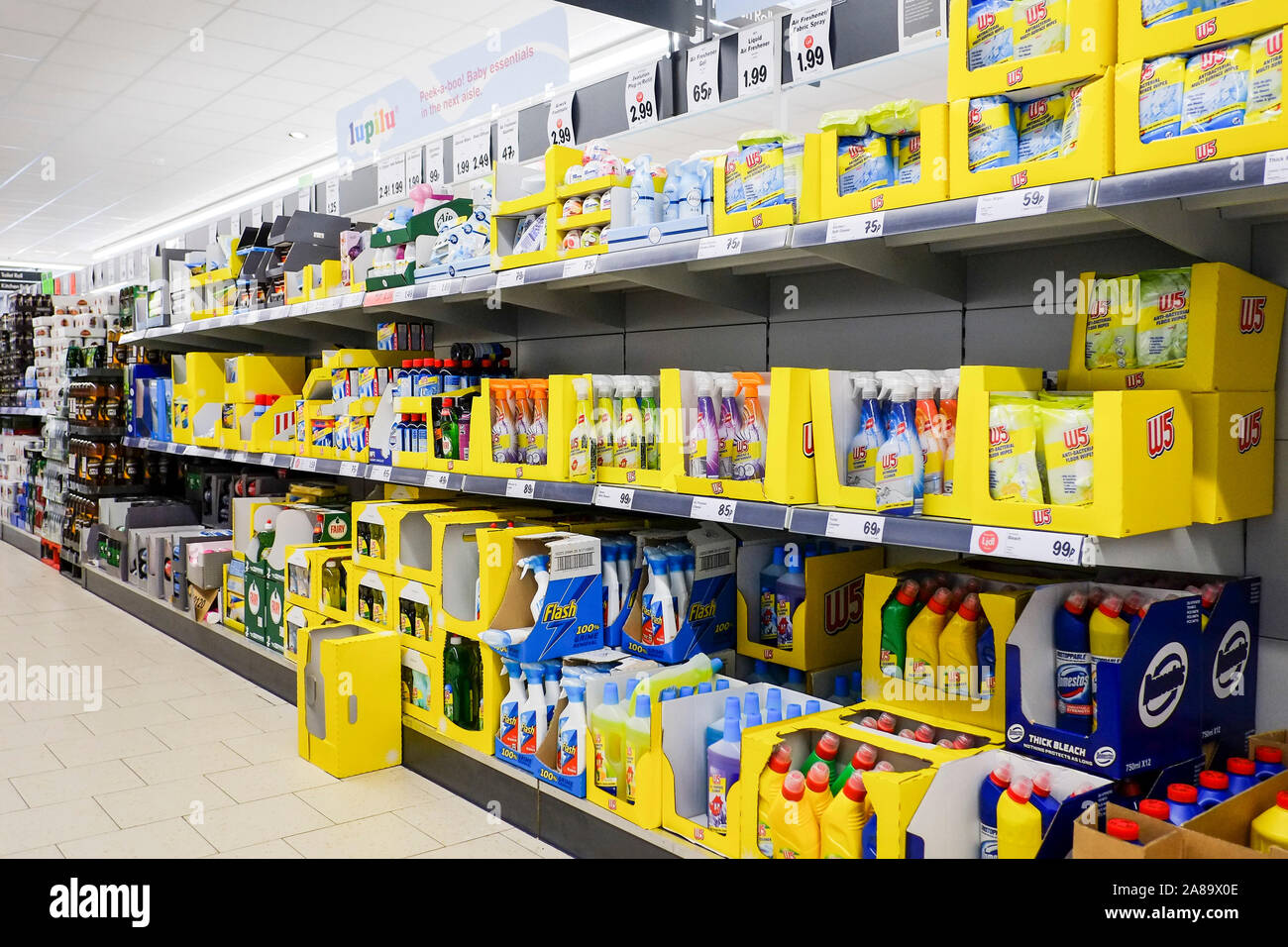 An aisle inside a Lidl Supermarket. Stock Photo