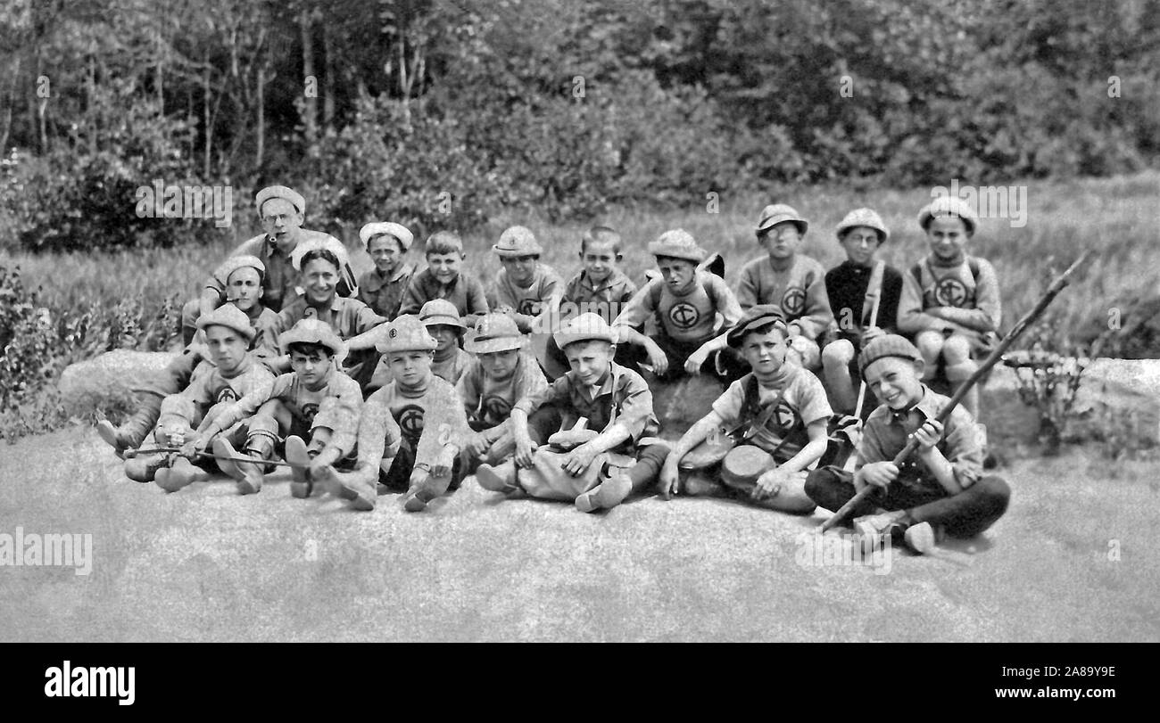 Vintage photograph taken of a large group of campers and their counselors in 1920, New England, USA. Stock Photo