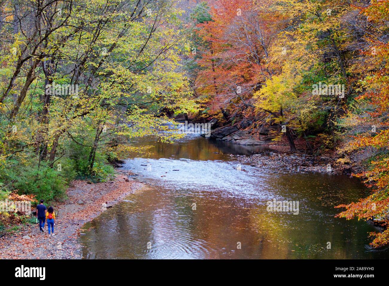 A young couple hikes in Philadelphia's Wissahickon Valley on an autumn