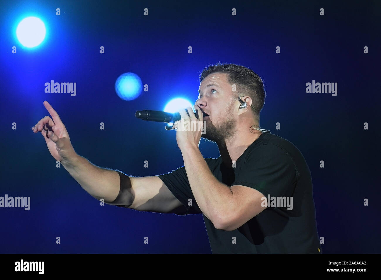 Rio de Janeiro, Brazil, October 6, 2019. Lead singer Dan Reynolds of the indie rock band Imagine Dragons during a concert at Rock in Rio 2019 in Rio. Stock Photo