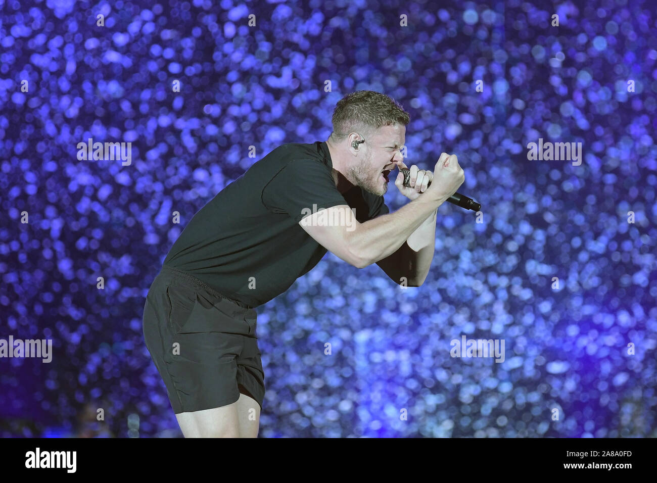 Rio de Janeiro, Brazil, October 6, 2019. Lead singer Dan Reynolds of the indie rock band Imagine Dragons during a concert at Rock in Rio 2019 in Rio. Stock Photo