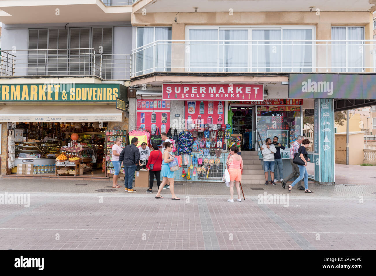 street shops along holiday resort Arenal Palma spain Stock Photo