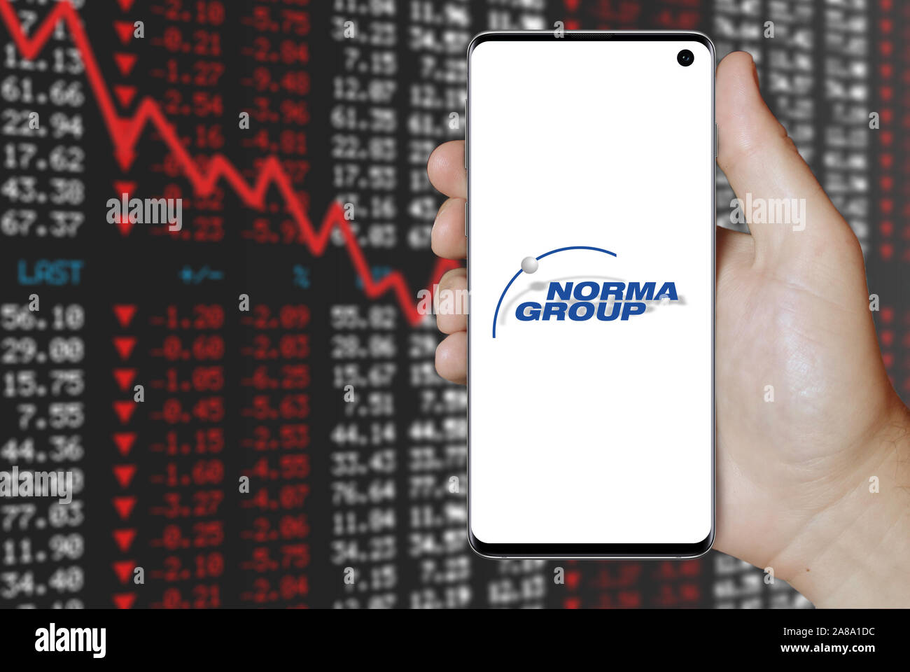 Logo of public company Norma Group displayed on a smartphone. Negative stock market background. Credit: PIXDUCE Stock Photo