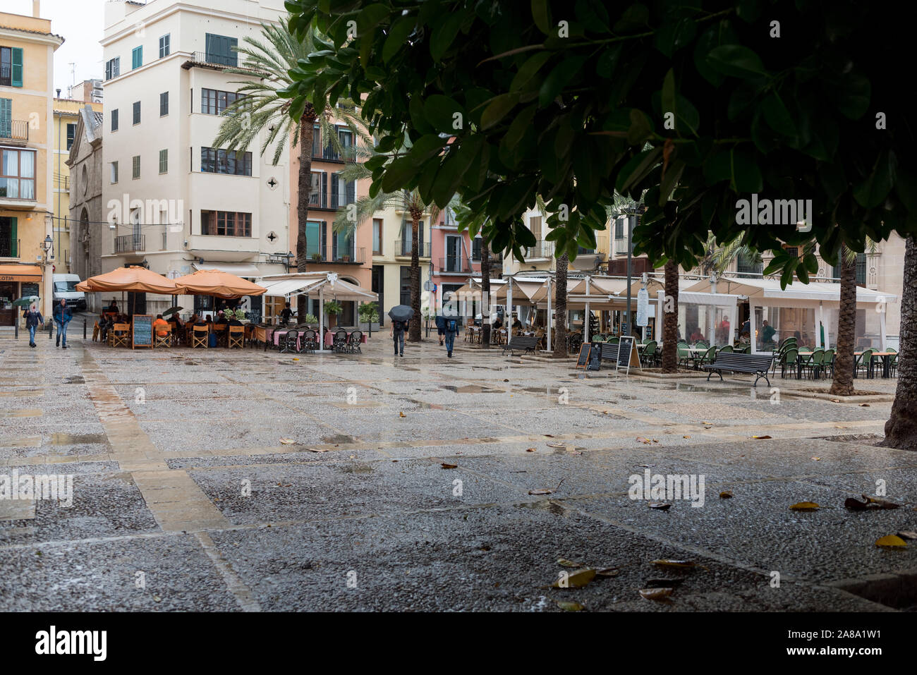 street image of Palma in the wet with people walking with umbrellas Stock Photo