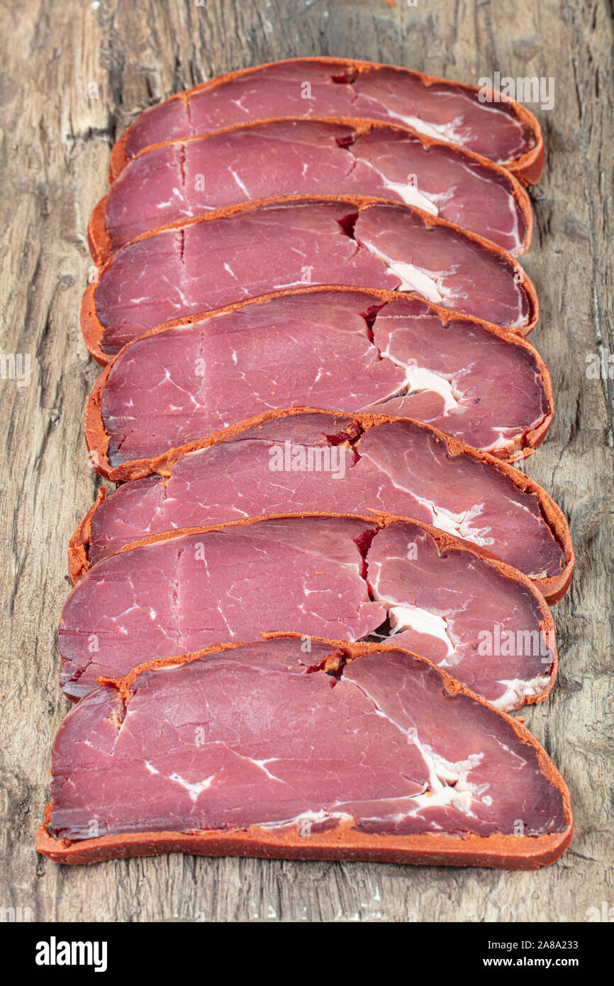 Turkish bacon , pastrami ( kayseri pastirma ) Stock Photo