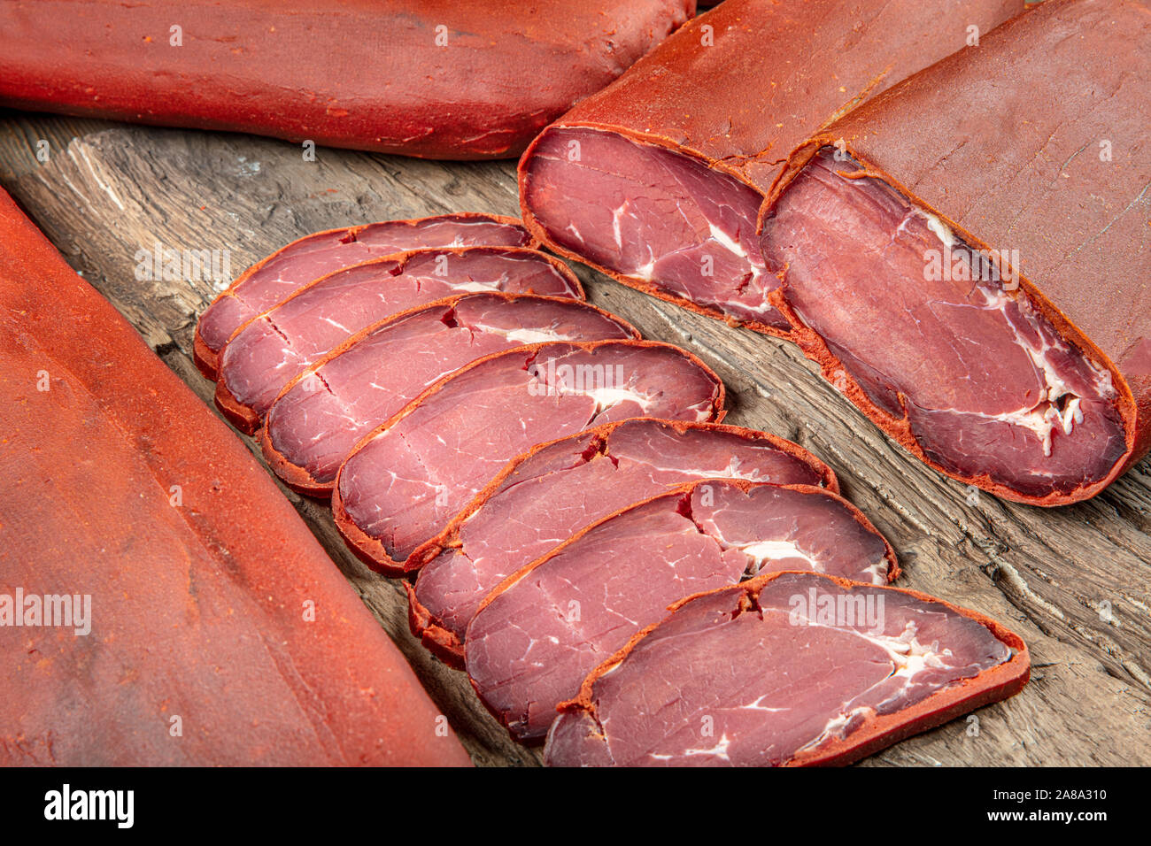 Turkish bacon , pastrami ( kayseri pastirma ) Stock Photo