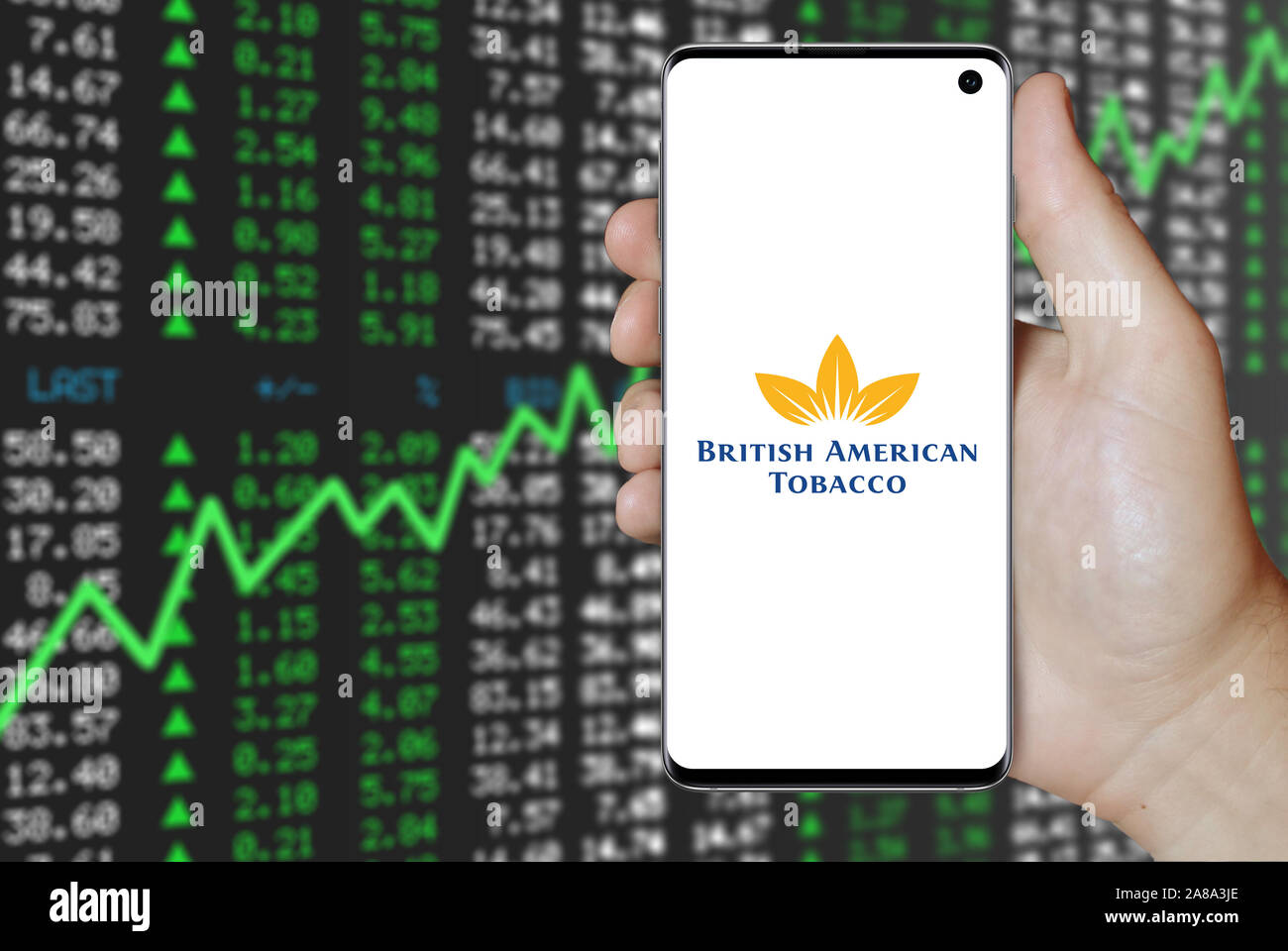 Logo of public company British American Tobacco displayed on a smartphone. Positive stock market background. Credit: PIXDUCE Stock Photo