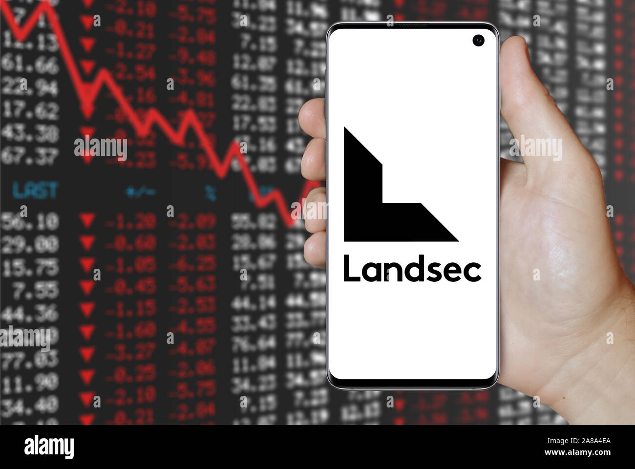 Logo of public company Land Securities displayed on a smartphone. Negative stock market background. Credit: PIXDUCE Stock Photo