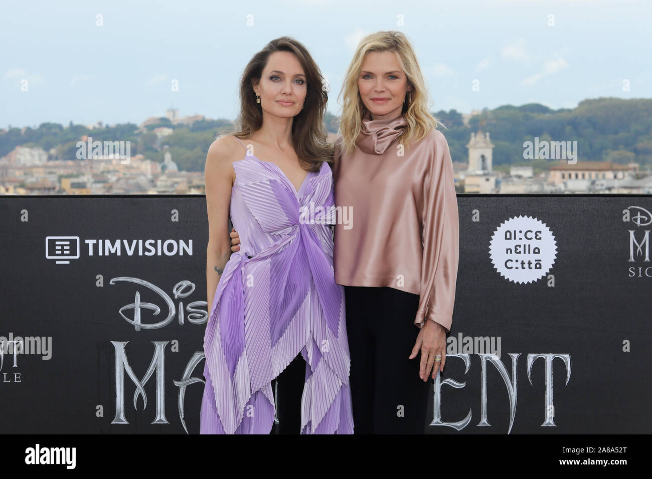 Rome, hotel De la Ville, photocall film "Maleficent - Lady of Evil". In the  picture: Angelina Jolie and Michelle Pfeiffer Where: Rome, Italy When: 07  Oct 2019 Credit: IPA/WENN.com **Only available for