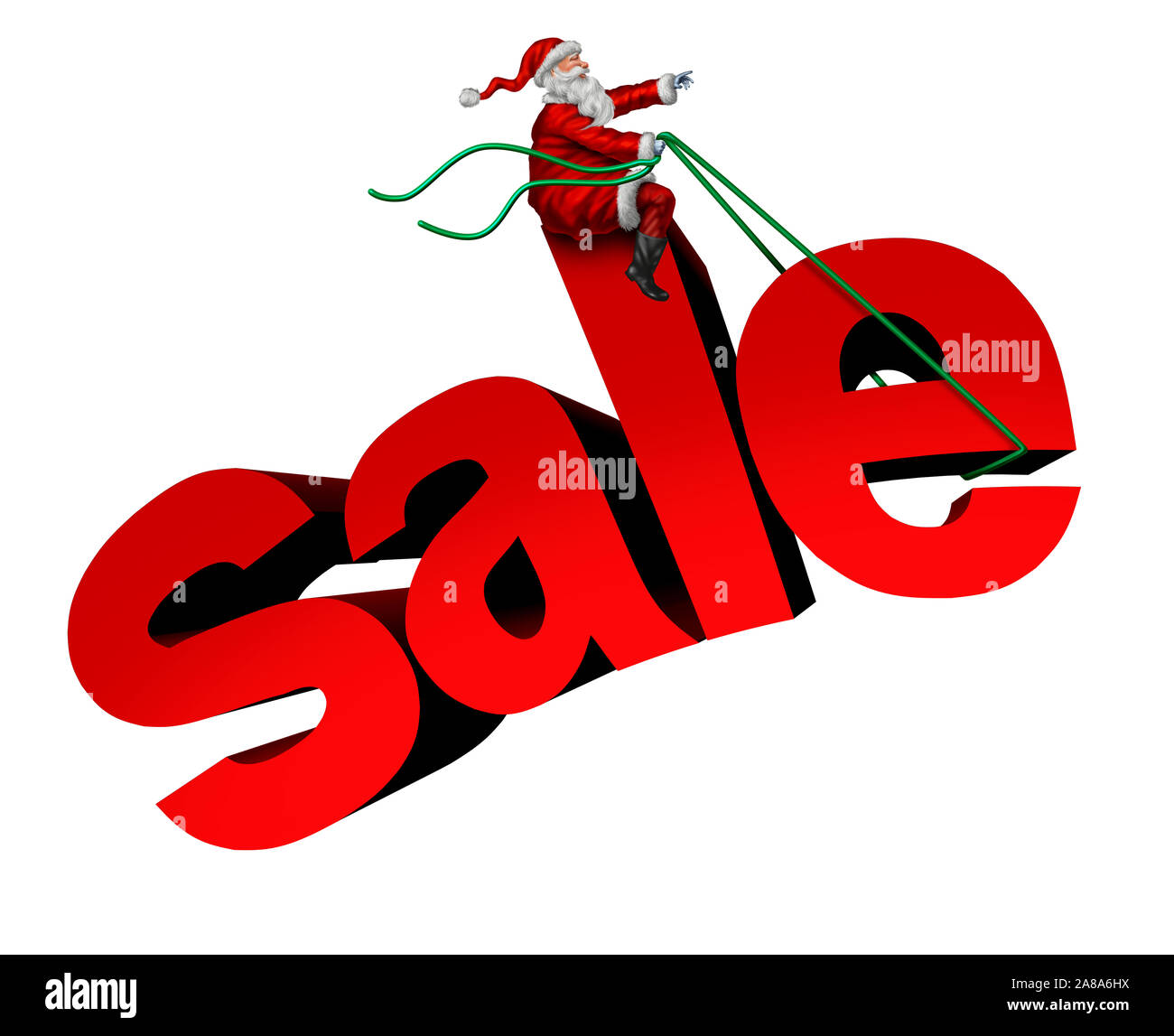 Christmas holiday sale text as a Santa Clause riding a flying giant shopping icon as a joyful happy winter consumer promotion celebration. Stock Photo