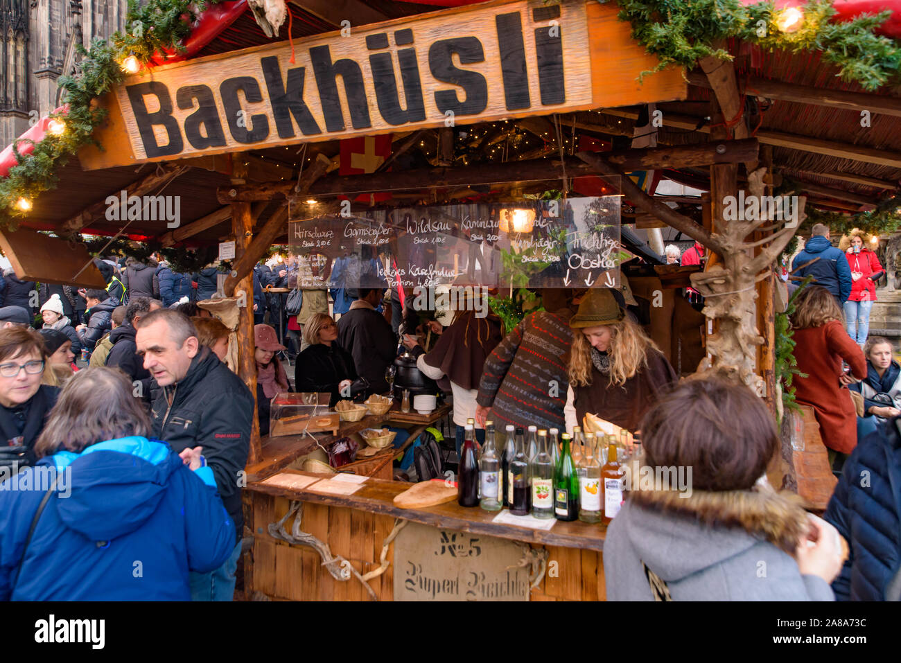 The food stalls in 2018 Cologne Christmas market in Germany Stock Photo