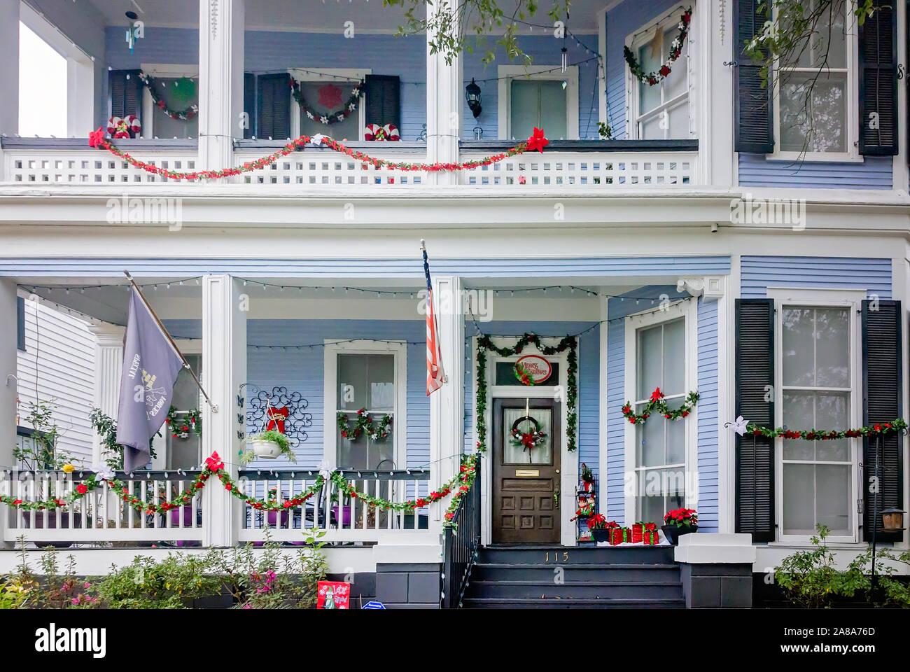 A historic home is decorated for Christmas, Dec. 18, 2017, in the Church Street Historic District in Mobile, Alabama. Stock Photo