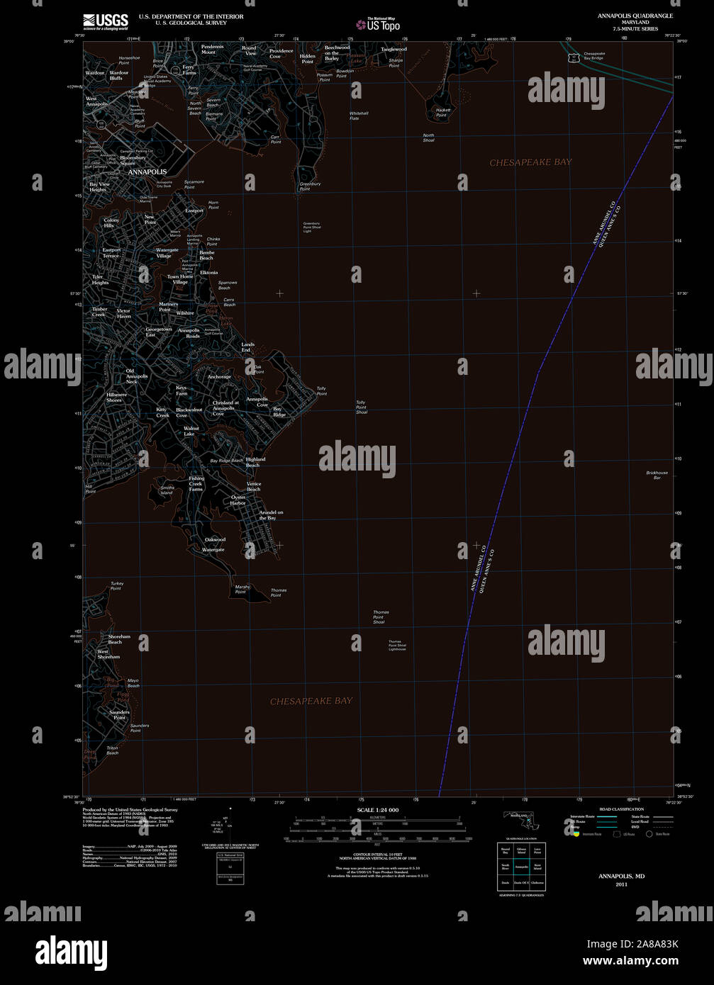 USGS TOPO Map Maryland MD Annapolis 20110805 TM Inverted Stock Photo ...