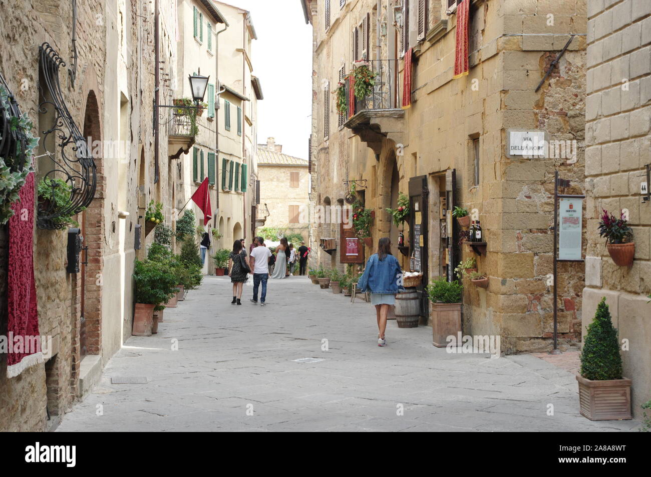 Pienza, Tuscany, Italy - September 15, 2019: old town. Birthplace of Pope Pius II, rebuilt by him in XV century. Typical architecture. Stock Photo