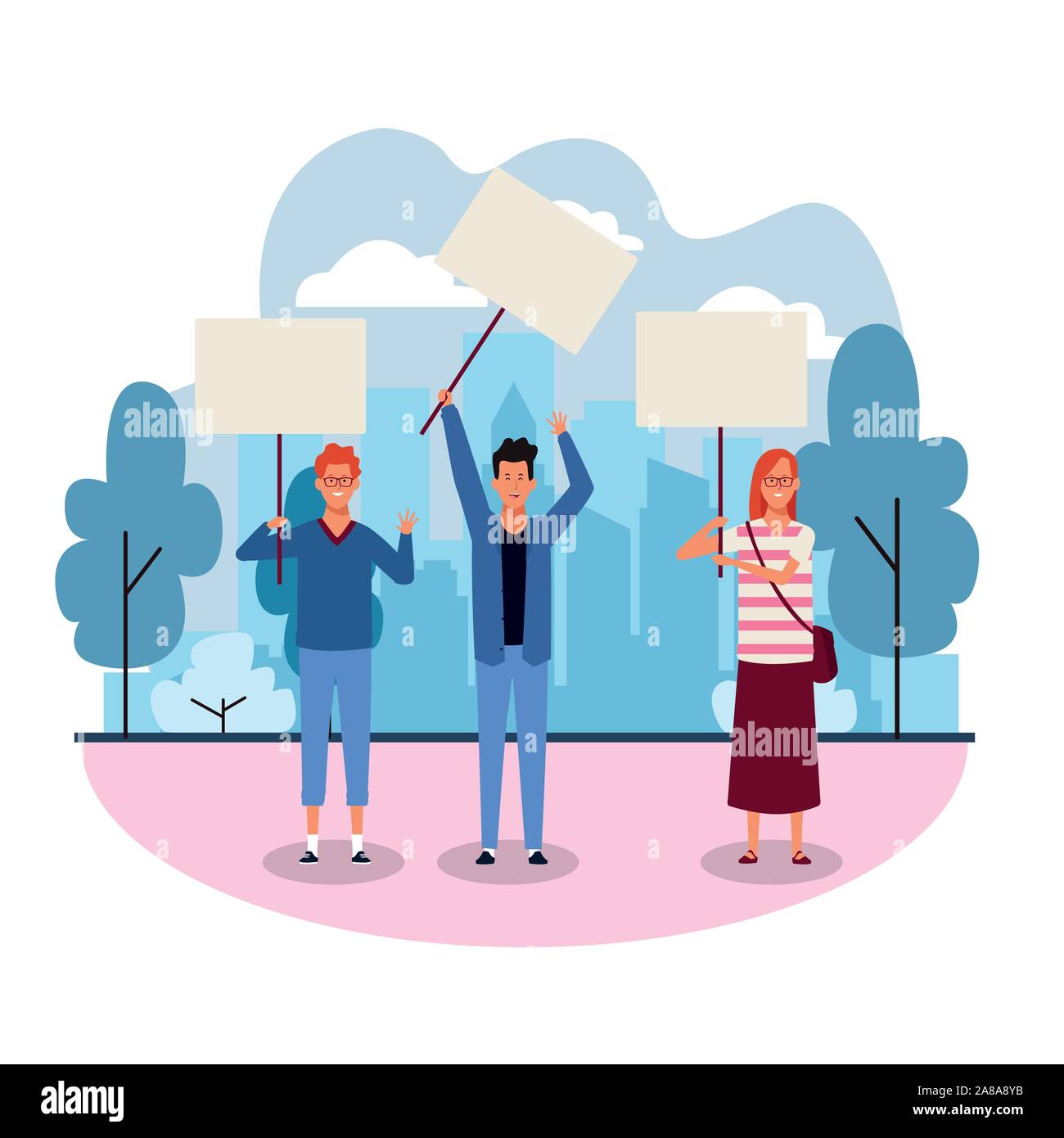 cartoon young men and woman protesting with blank posters in the park ...