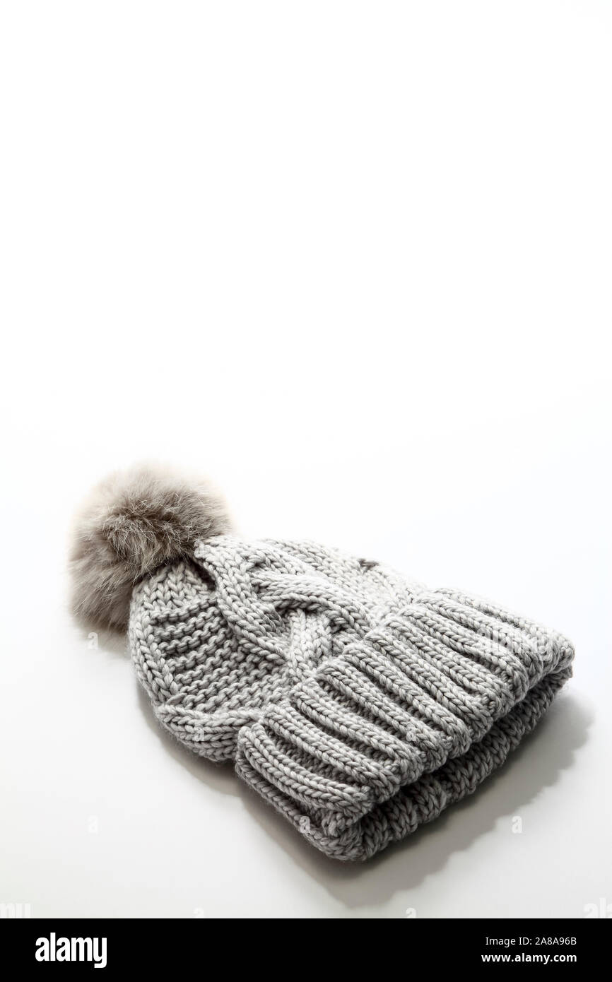 Grey winter warm bobble hat with pom 