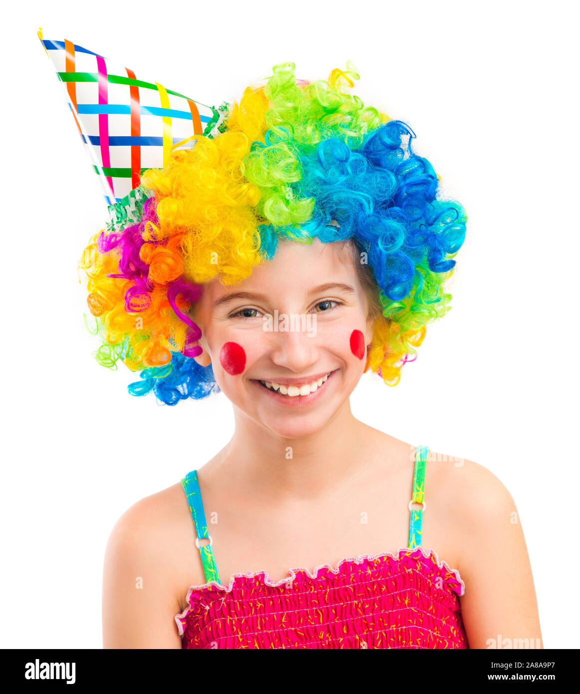 Funny girl in clown wig isolated on white background Stock Photo - Alamy