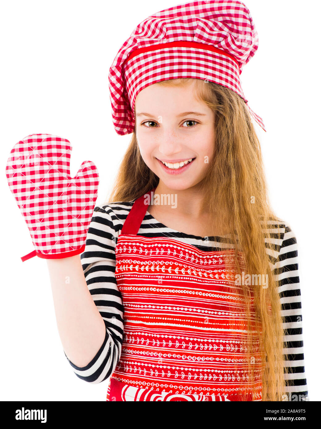 Girl in red apron and baking glove Stock Photo - Alamy
