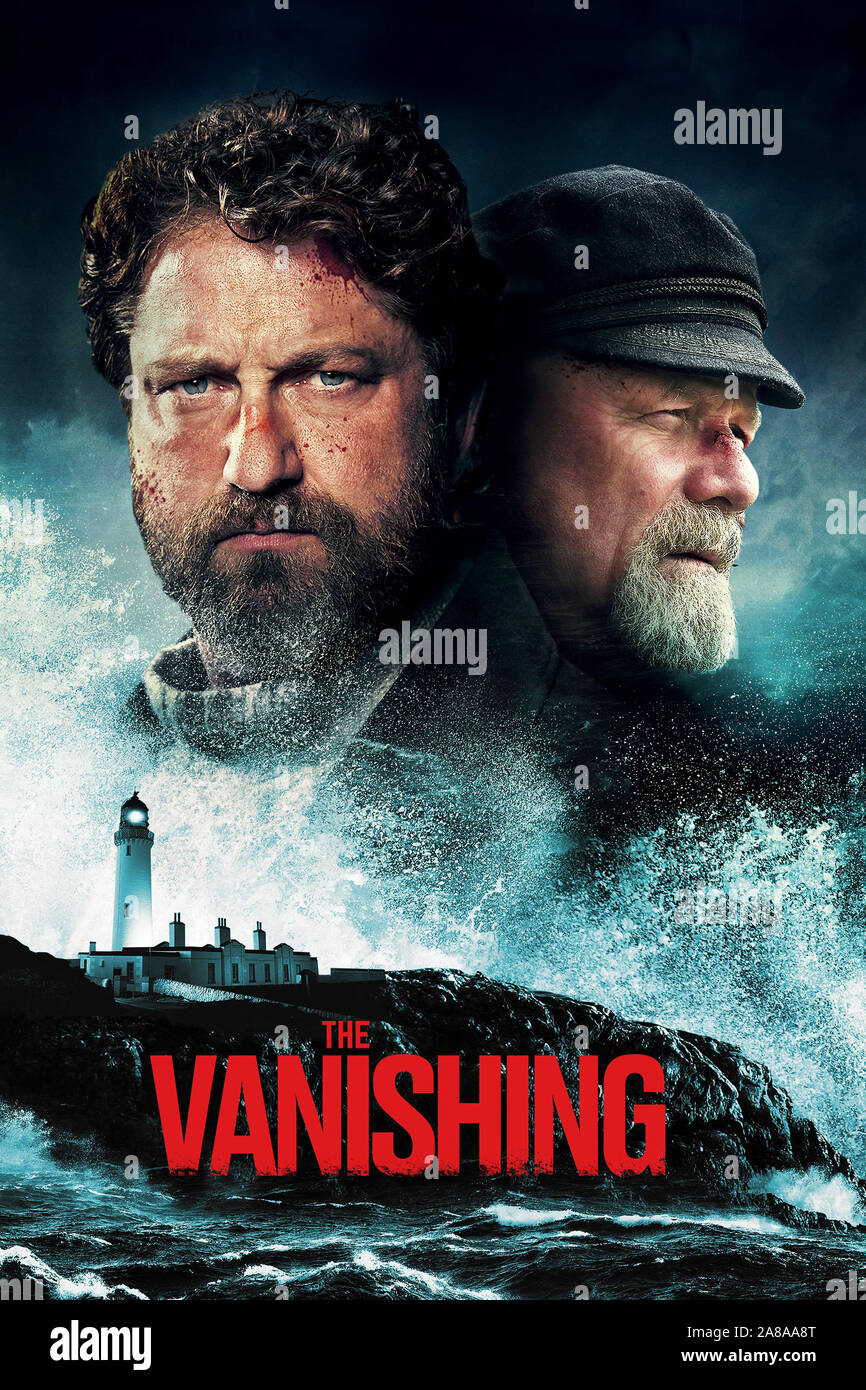 UK. Gerard Butler and Peter Mullan a scene from the Lionsgate new movie The Vanishing 2019 Plot Three lighthouse keepers on the remote Flannan Isles find a hidden trunk of gold leading
