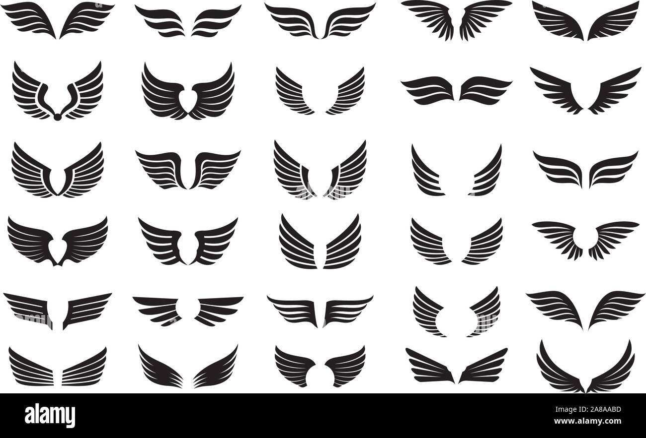 Collection of black Wings. Vector Illustration and outline Icons. Symbol of freedom. Stock Vector