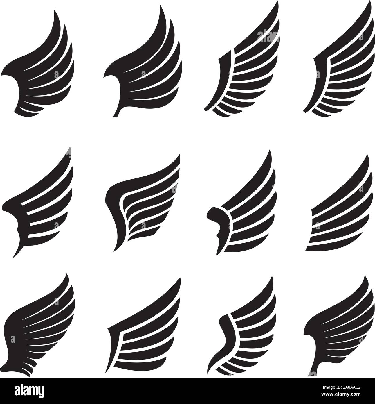 Set of Black Wings. Vector Illustration and outline Icons. Symbol of freedom. Stock Vector
