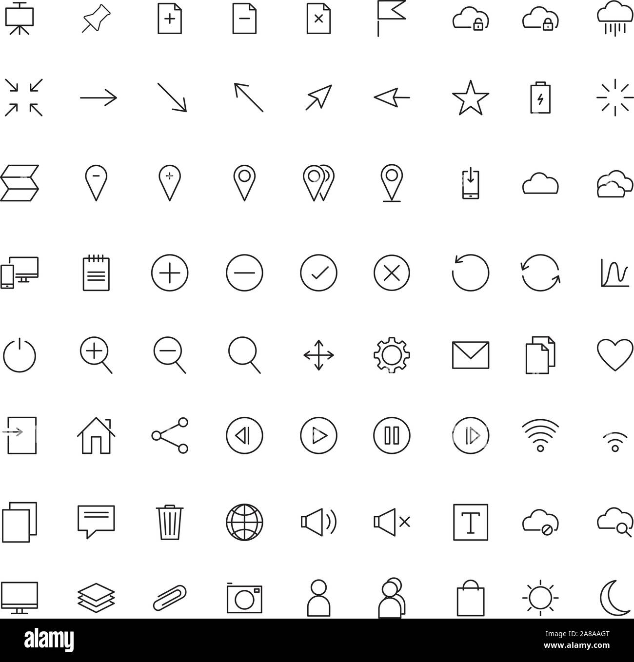 Vector collection of universal black flat icons for business, web, technology, communication, connectivity, music, media, finance, environment and  mo Stock Vector