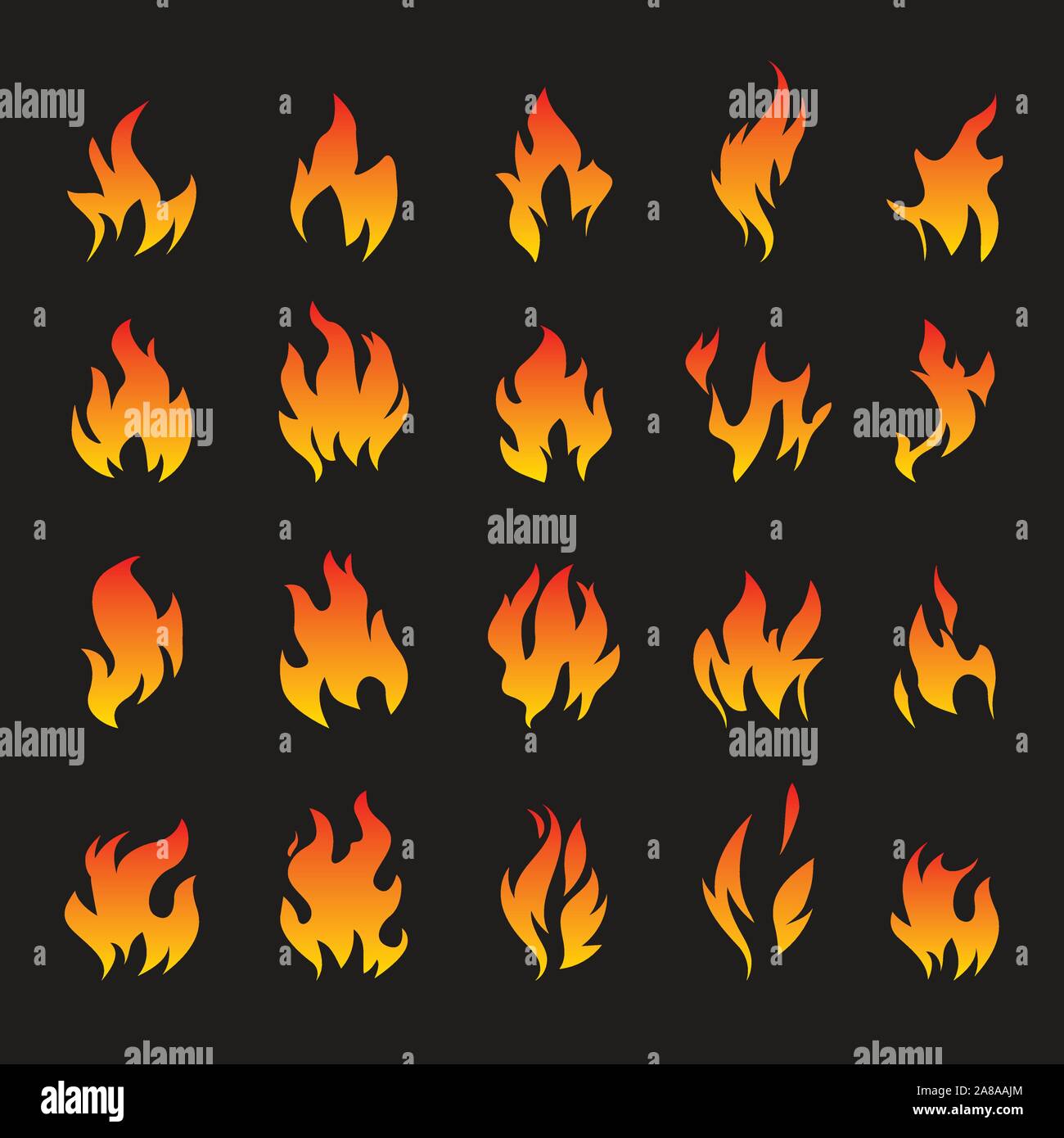 Big Collection of Fire and Flame icons on black background. Vector Illustration and graphic outline elements. Stock Vector