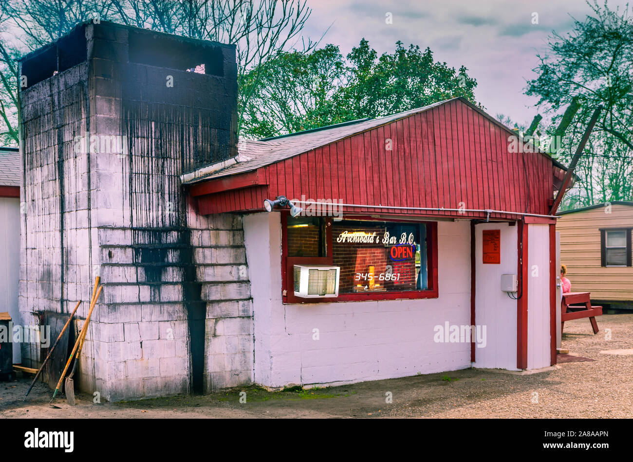 Archibald's Bar B.Q., located in Northport, Alabama, is a tiny building that packs a big punch. Stock Photo