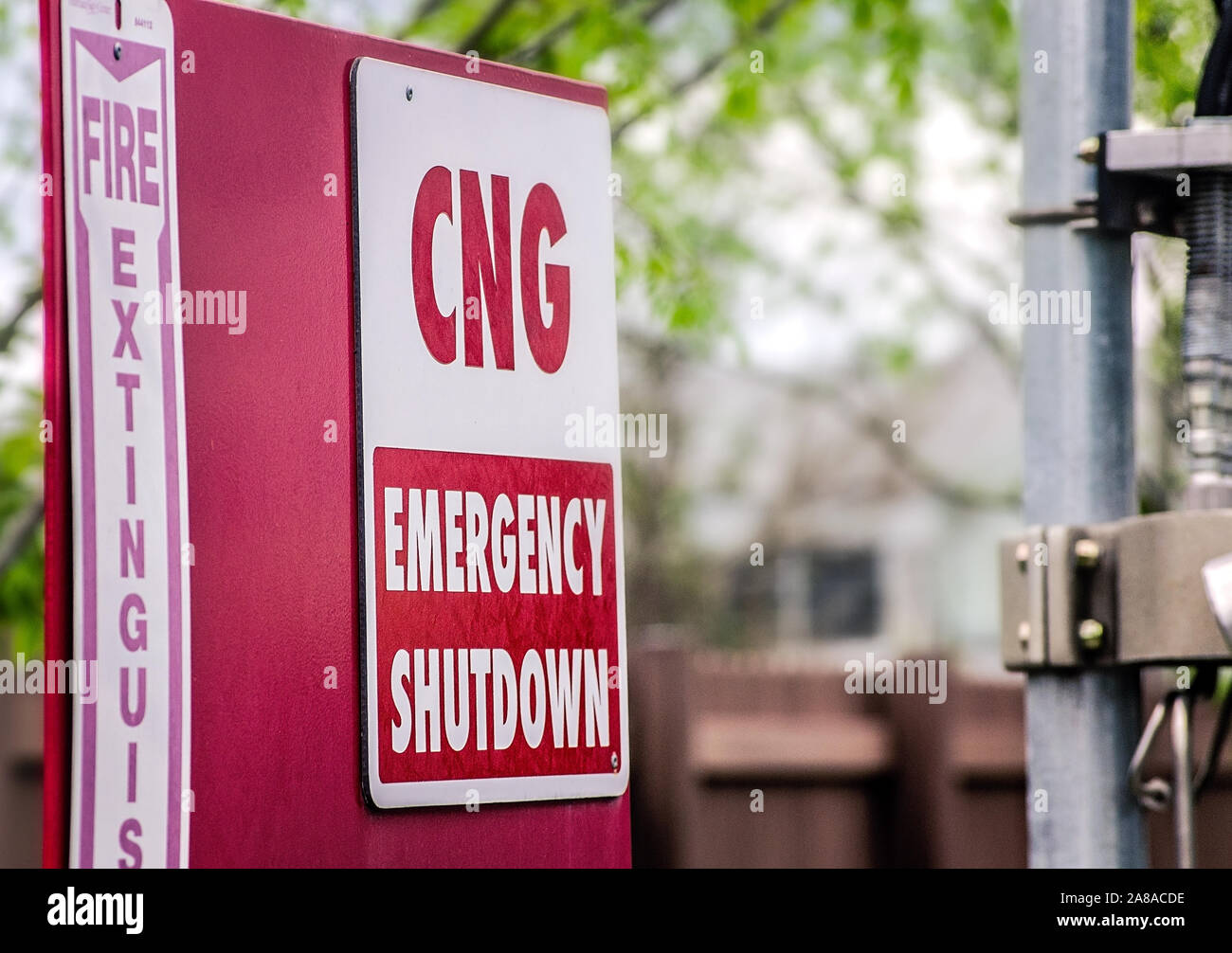 A CNG (compressed natural gas) emergency shutdown sign is pictured at Waste Pro’s time-fill station, March 19, 2016, in Jacksonville, Florida. Stock Photo
