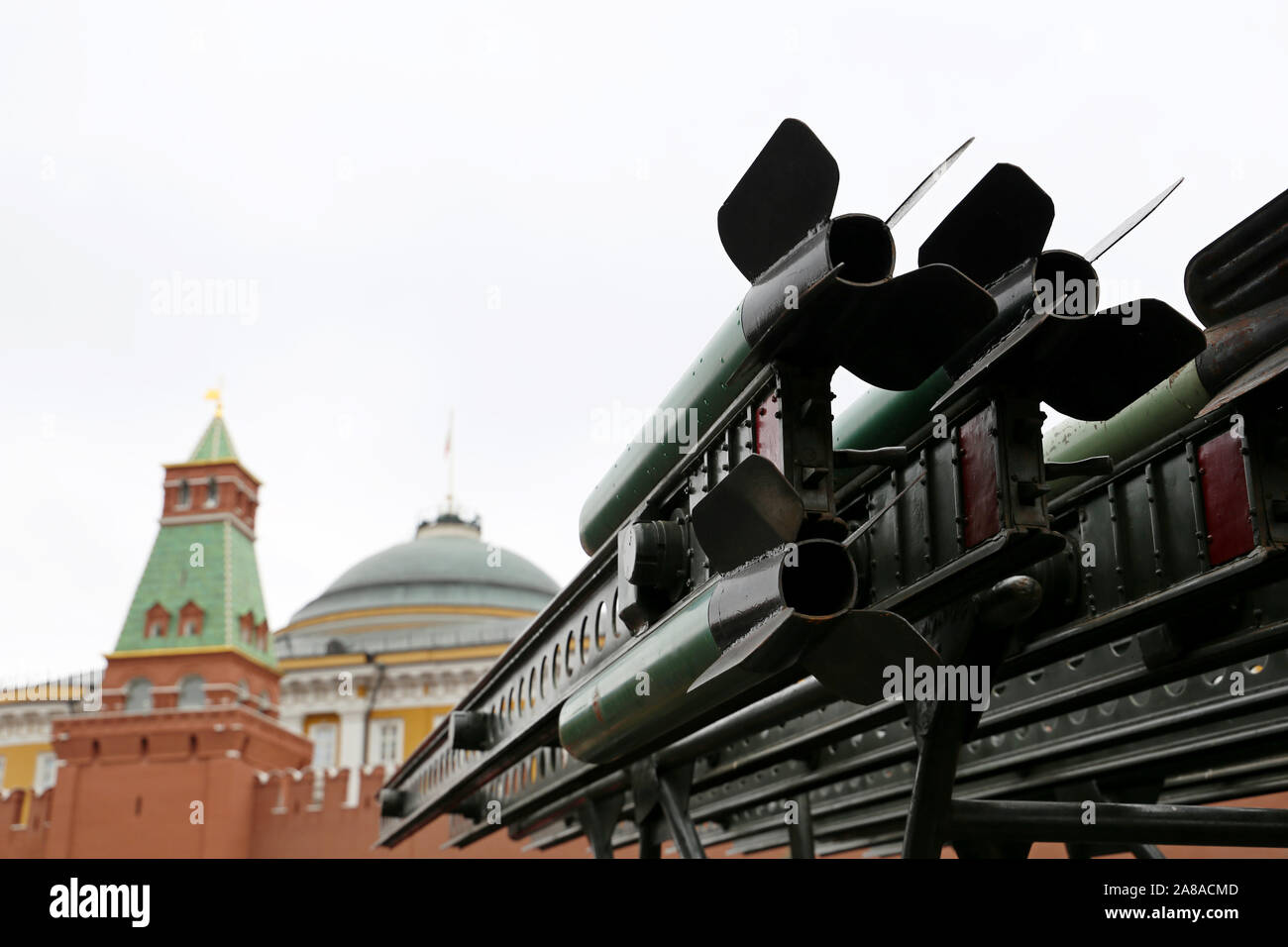 Missile launcher system against the Moscow Kremlin on Red square. Concept of russian military Stock Photo
