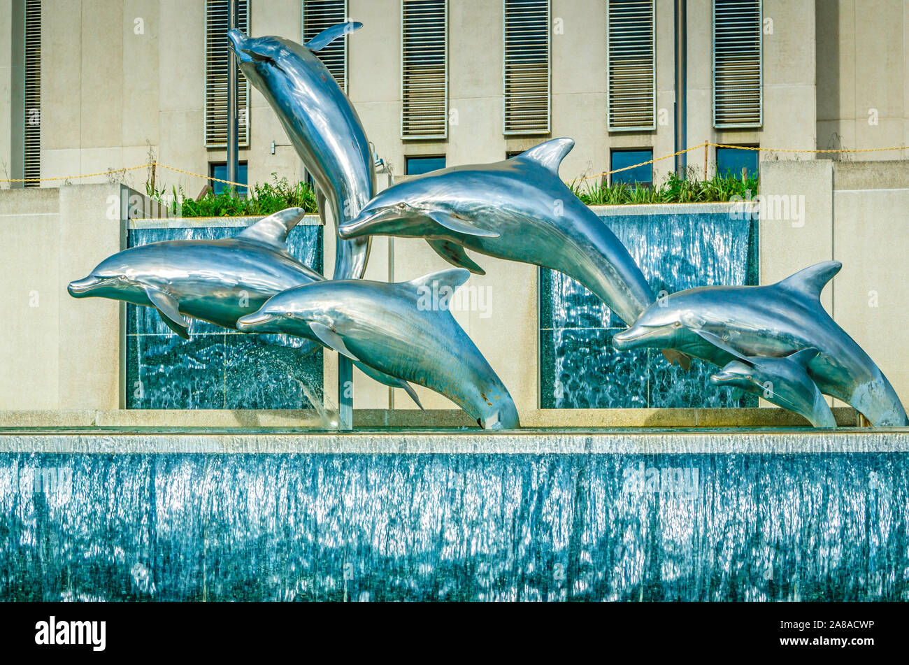 Dolphins frolic in Waller Park’s Florida Heritage Fountain at the Florida State Capitol, July 20, 2013, in Tallahassee, Florida. Stock Photo