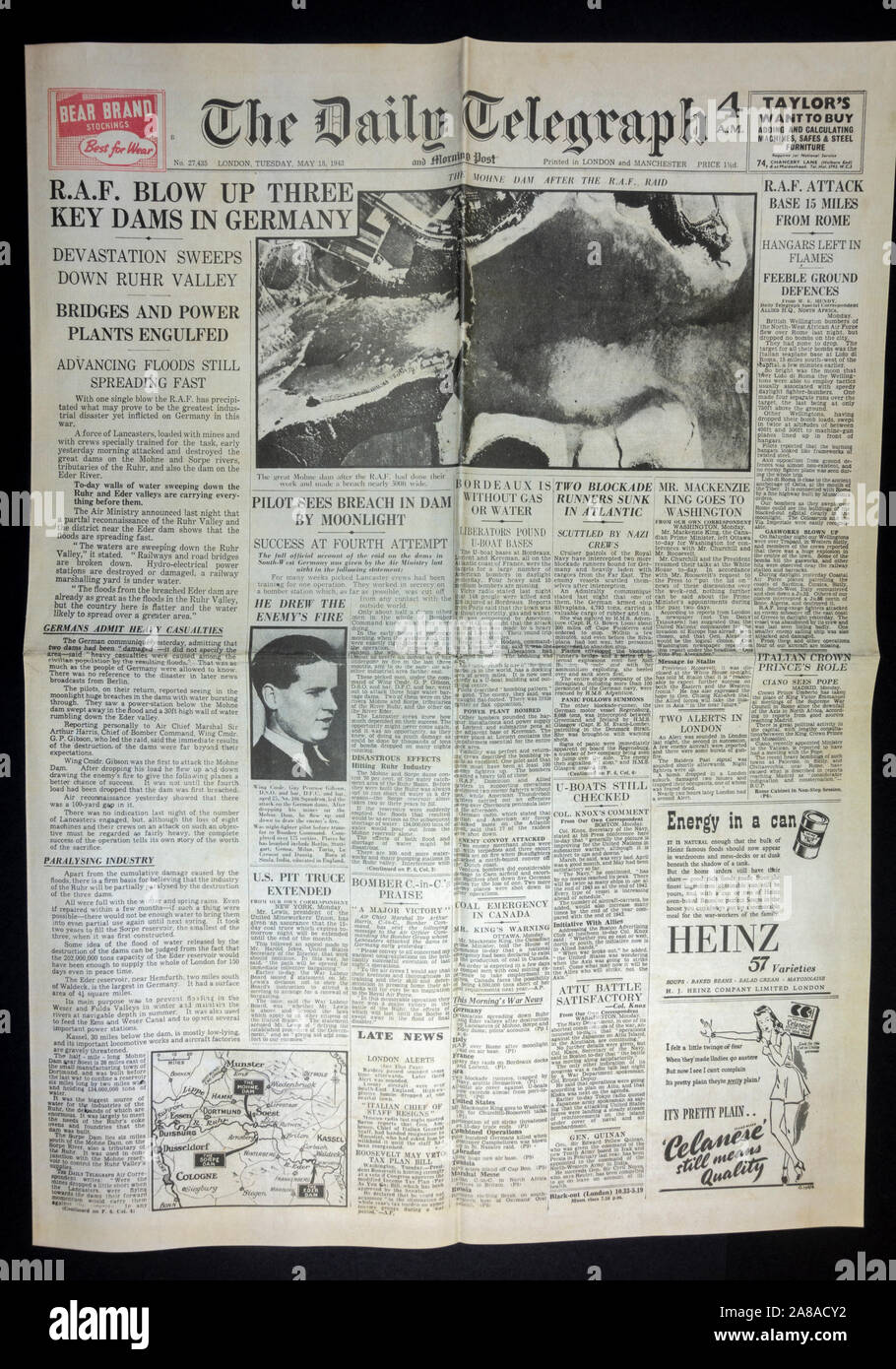 The front page of the Daily Telegraph (replica), 18th May 1943, the day after the Dam Busters raid. Stock Photo