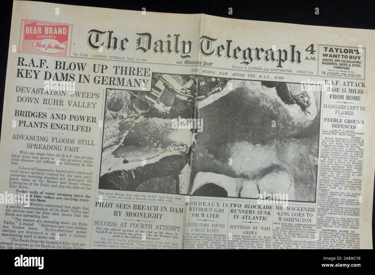 The front page of the Daily Telegraph (replica), 18th May 1943, the day after the Dam Busters raid. Stock Photo