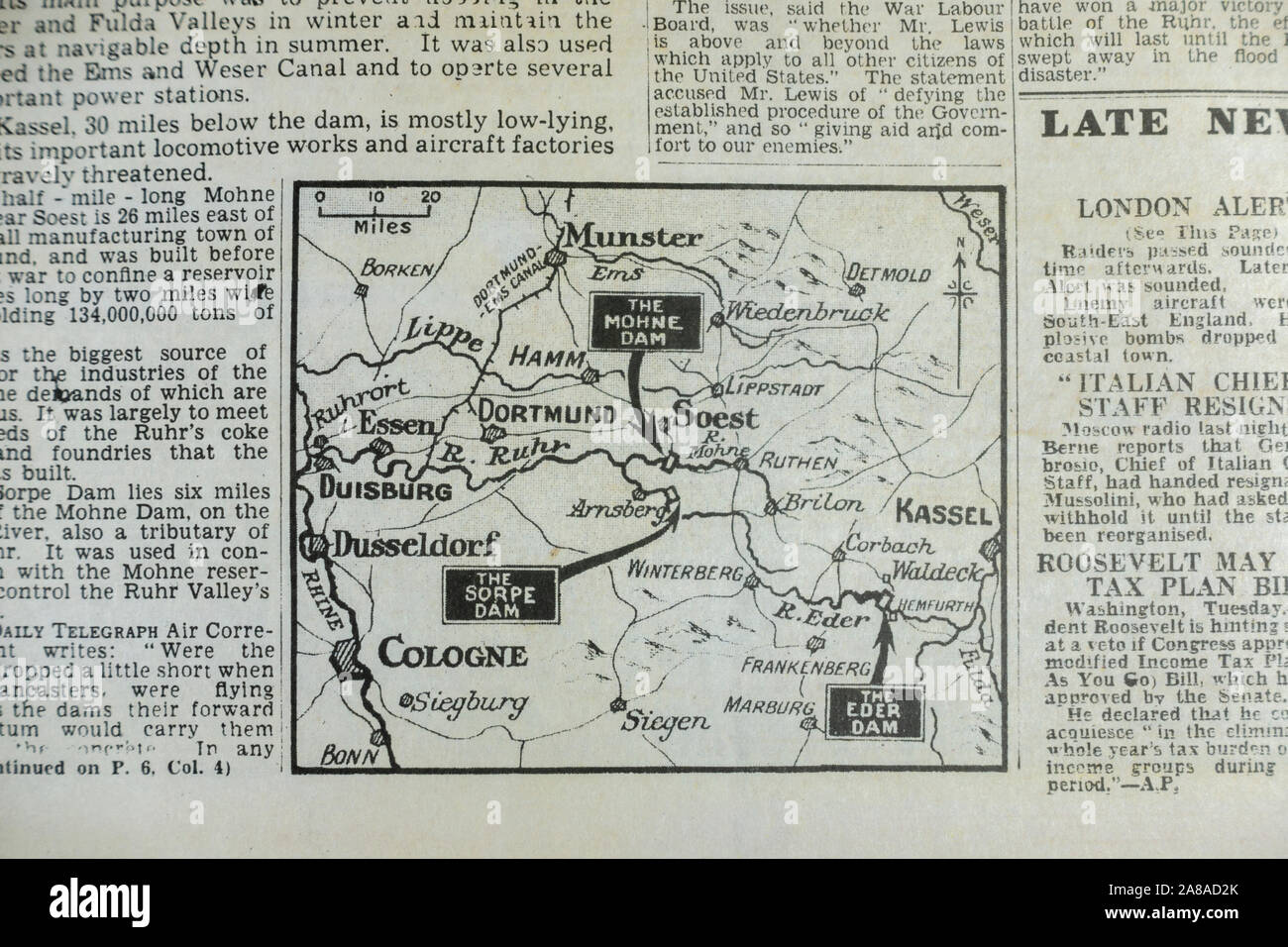 Inside page showing a map of the Ruhr Valley and the raided dams in the Daily Telegraph (replica), 18th May 1943, the day after the Dam Busters raid. Stock Photo