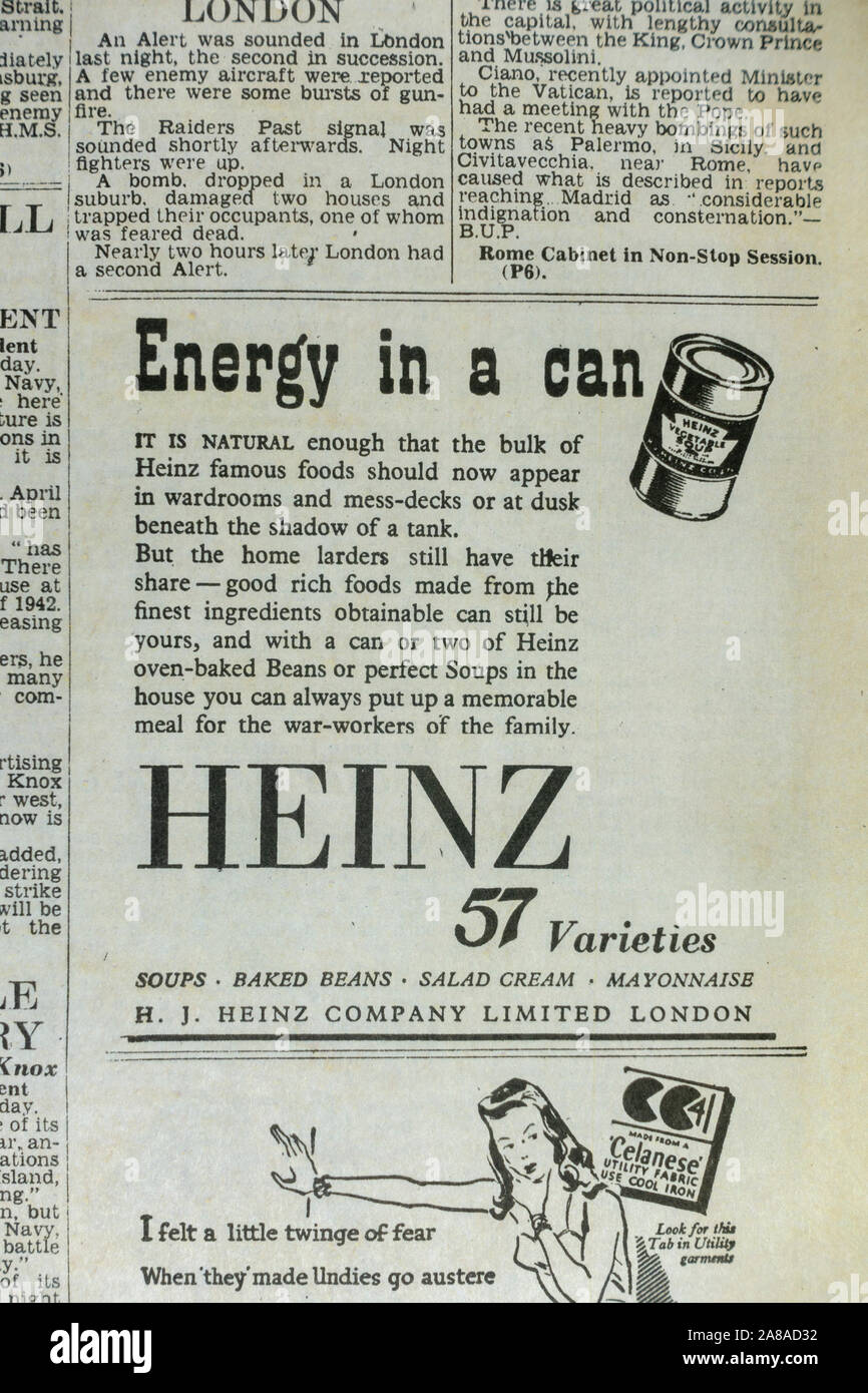 Advert for Heinz baked beans, 'Energy in a can', in The Daily Telegraph (replica), 18th May 1943, the day after the Dam Busters raid. Stock Photo