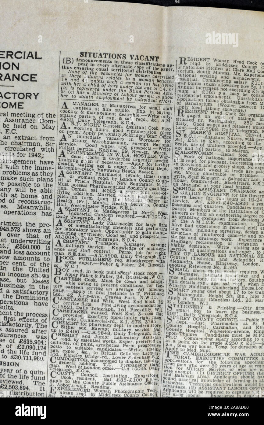Situations vacant page in The Daily Telegraph (replica), 18th May 1943, the day after the Dam Busters raid. Stock Photo