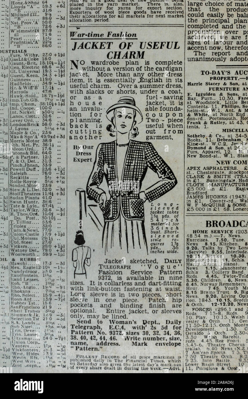'War time Fashion' article in The Daily Telegraph (replica), 18th May 1943, the day after the Dam Busters raid. Stock Photo