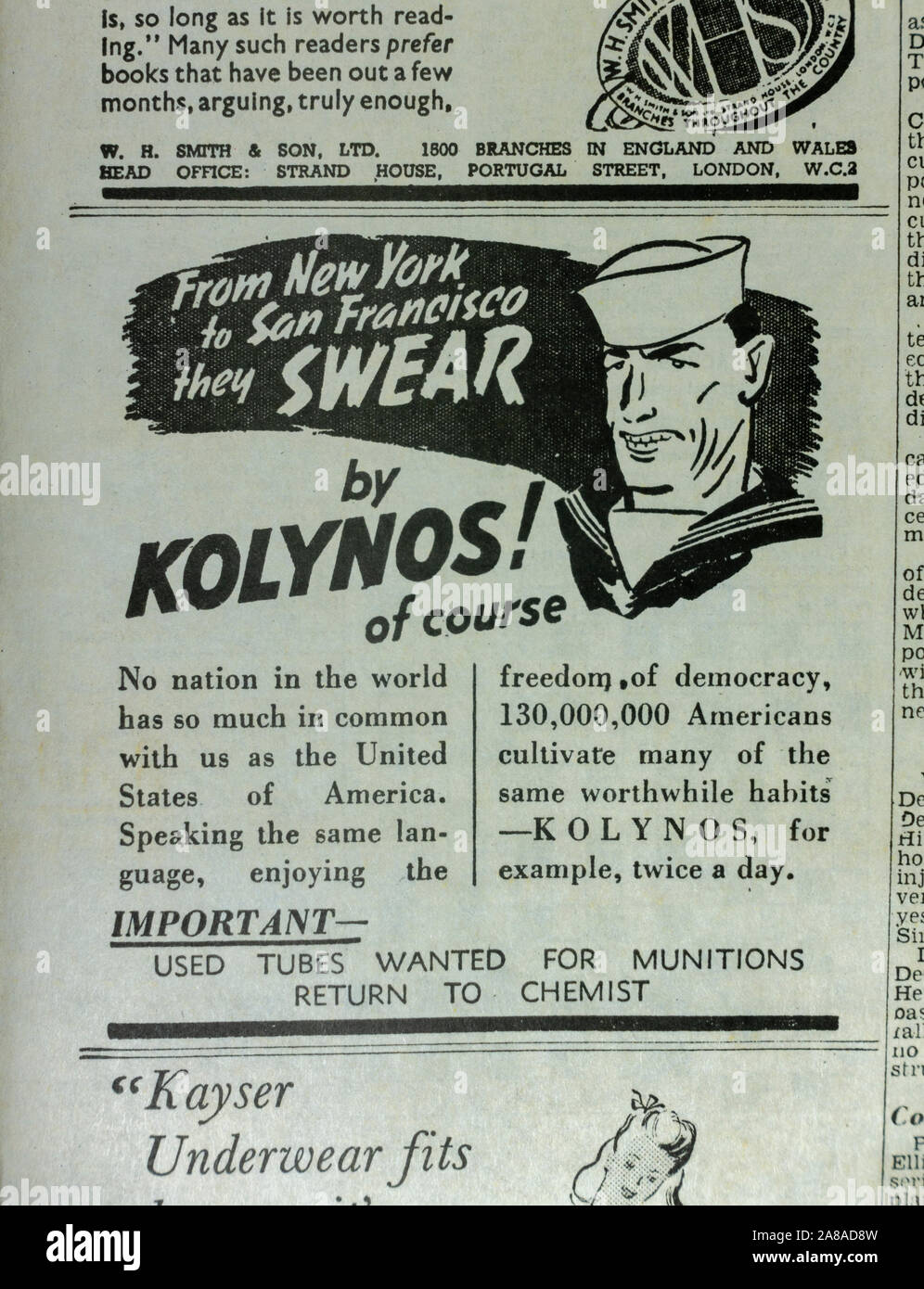 Advert for Kolynos Tooth Paste in The Daily Telegraph (replica), 18th May 1943, the day after the Dam Busters raid. Stock Photo