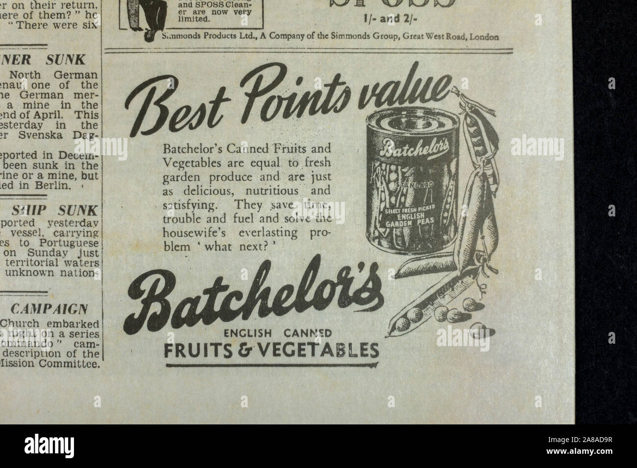 Advert for Batchelor's tinned vegetables in The Daily Telegraph (replica), 18th May 1943, the day after the Dam Busters raid. Stock Photo