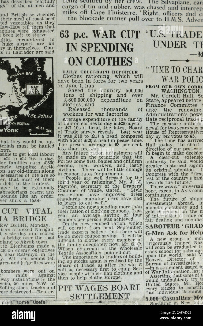 Article reporting the saving from clothing rationing in The Daily Telegraph (replica), 18th May 1943, the day after the Dam Busters raid. Stock Photo